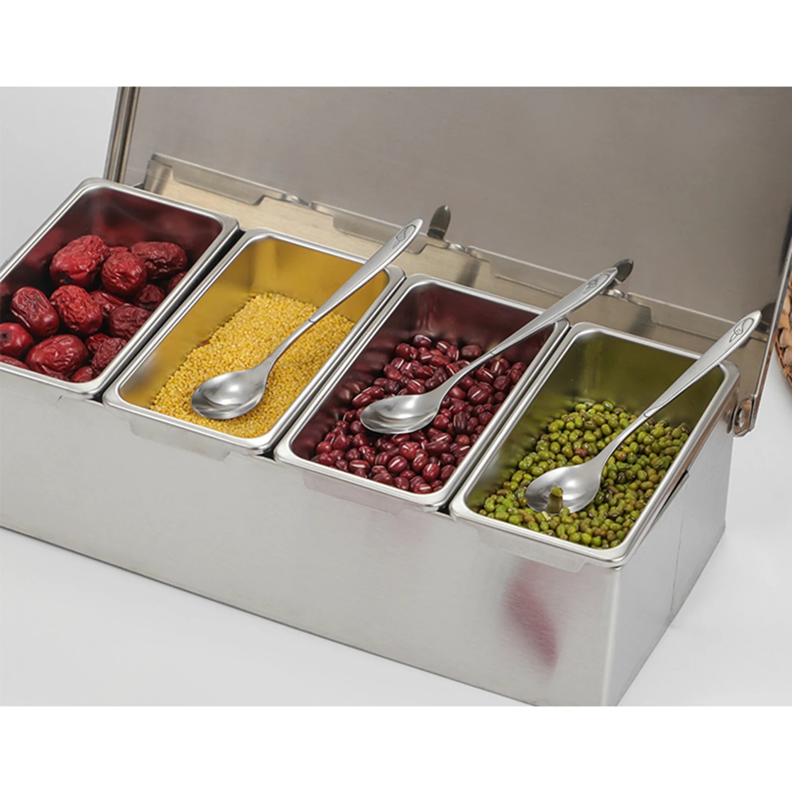 Silberne Obstschale aus Edelstahl mit 4 Fächern, Obstaufbewahrungsbox für den Haushalt, Gewürzbox für Küchen, Restaurants, Bars
