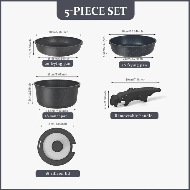 DONNOR Induction Cookware Set, Set di 5 Pentole e Padelle, Set di Pentole Impilabili per Camper in Granito Antiaderente per Tutti i Piani Cottura JT272