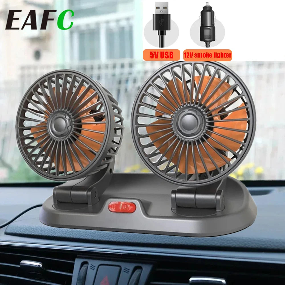 Ventilatore per auto EAFC 5V 12V a doppia testa con raffreddamento ad aria a 360° °   Mini ventilatore portatile USB regolabile per auto, accessori per auto a basso rumore