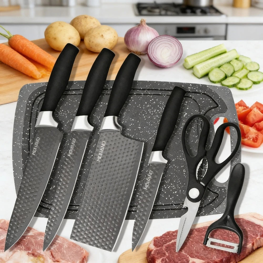 ZENG 7-teiliges professionelles Küchenmesserset mit Sternenmuster, Edelstahl, ergonomischer Griff, mit Schneidebrett, Schere und Geschenkverpackung
