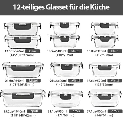 Set di 12+4 Contenitori in Vetro per Preparazione Pasti con Coperchi Ermetici, Contenitori in Vetro per Alimenti Senza BPA, Adatti per Microonde e Congelatore, Set di Contenitori in Vetro per Avanzi, Frutta e Spezie
