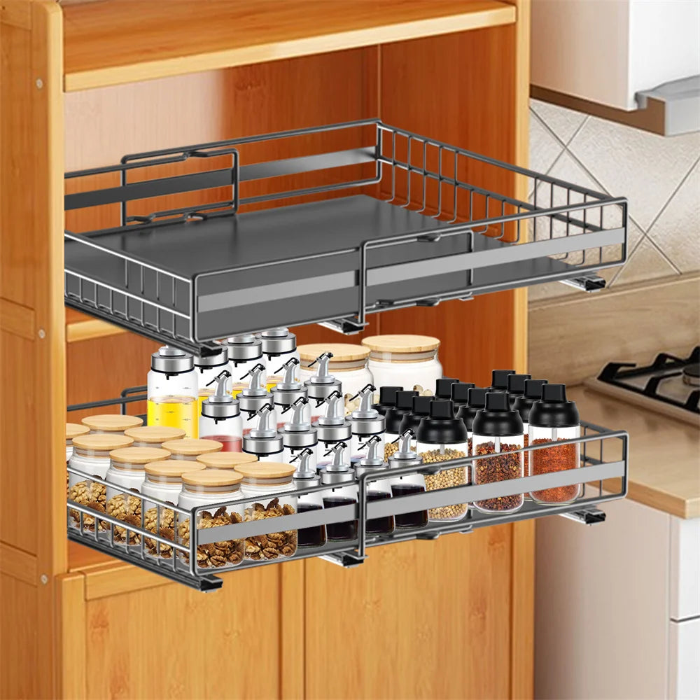 2 Pezzi Scaffale Estraibile per Armadio, Organizzatore Scorrevole da Cucina Senza Foratura per Spezie e Oggetti Vari
