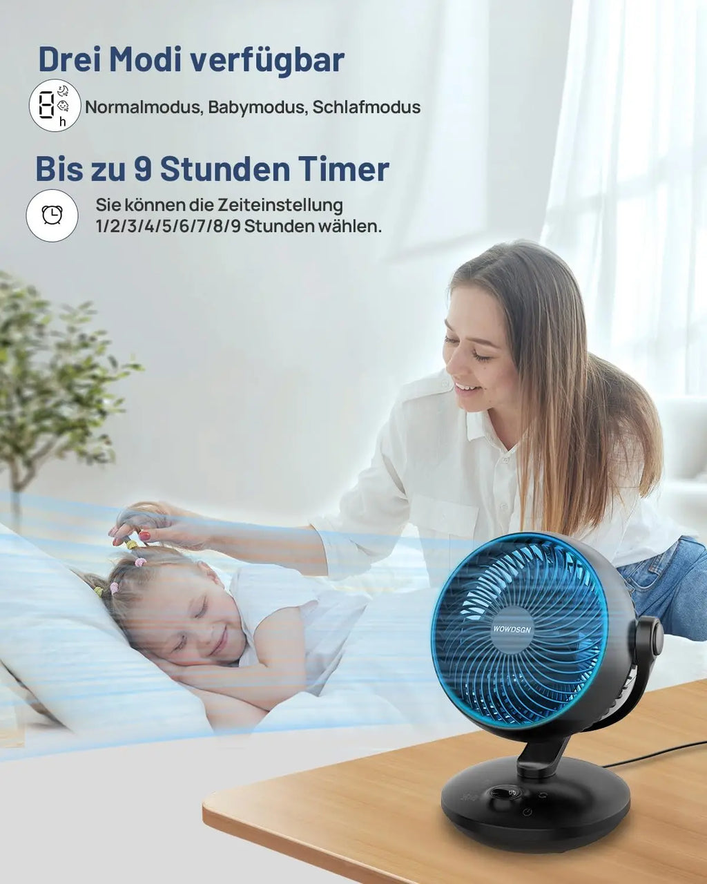 Ventilatori silenziosi WOWDSGN, 6 velocità regolabili, 3 modalità, 22 dB, neri, timer da 9 ore, ventilatore da tavolo per scrivania da ufficio per studenti, cucine, soggiorno