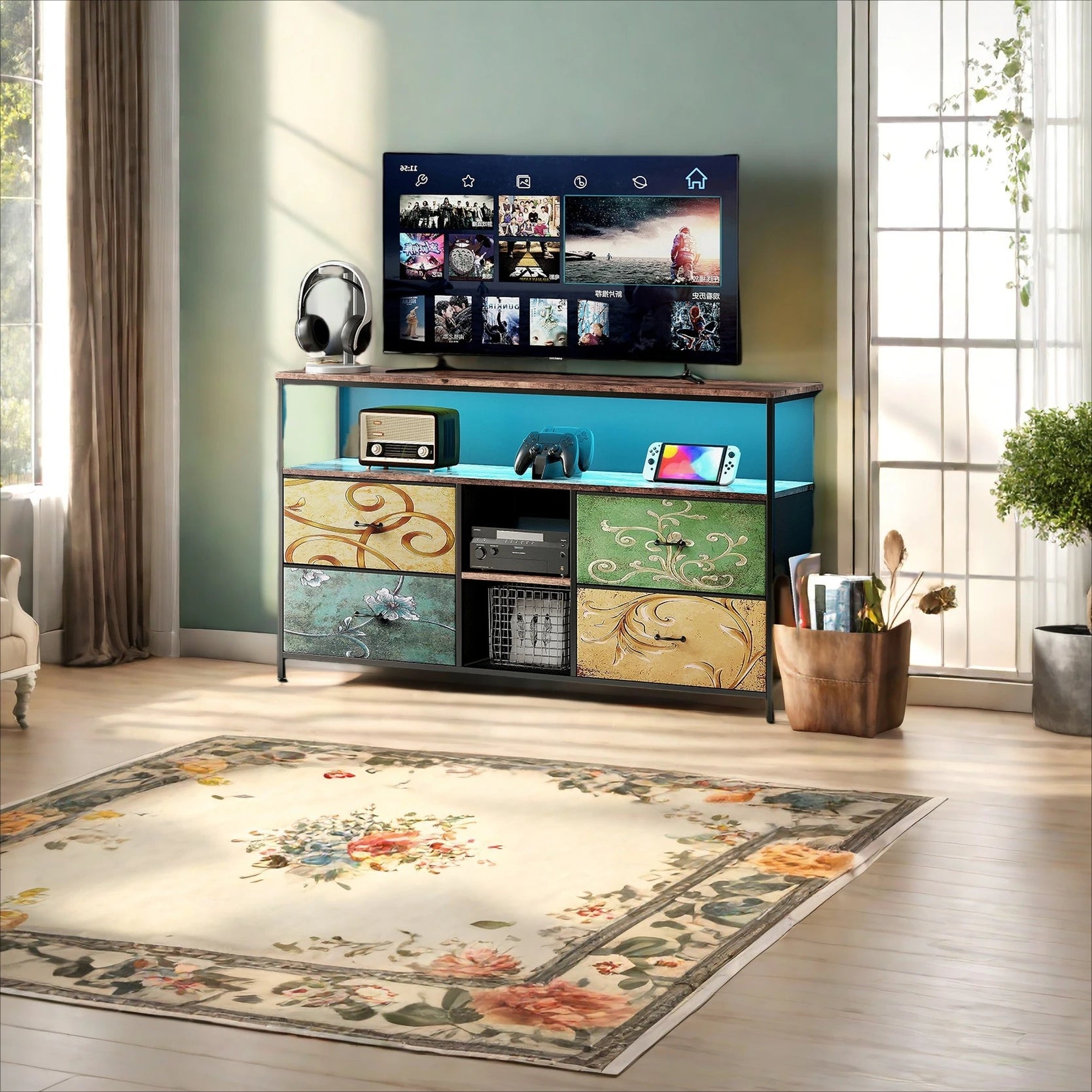Mobiler TV-Ständer, TV-Tisch, TV-Möbel, mit LED-Beleuchtung und Stoffschubladen, Platte mit Tigerfellmuster, doppelter offener Stauraum und 4 Schubladen, zur Aufbewahrung von Elektrogeräten, DVDs, Büchern, für Wohnzimmer, Schlafzimmer
