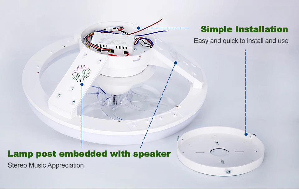Ventilatore da soffitto a LED intelligente con altoparlante 360 °   Lampadario rotante moderno RGB con telecomando APP, lampadario a 6 velocità per interni domestici