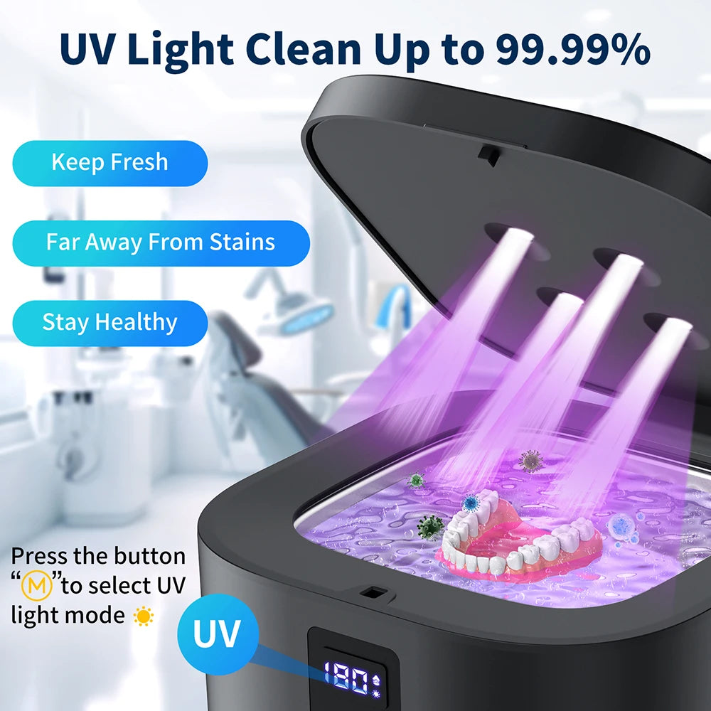 KUNPHY Ultraschall-Reinigungsgerät für Zahnspangen mit digitalem Timer, UV-Licht für Zahnersatz, Mundschutz, Aligner, Nachtschutz, 300 ml