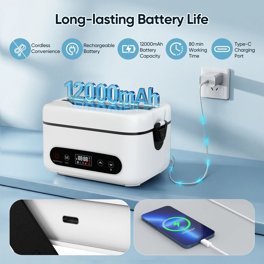 Scaldavivande Portatile Senza Fili 100/80/60W, Riscaldamento Rapido, Grande Capacità 1/1.2L, 4 Modalità di Riscaldamento con Timer, 12000mAh per Ufficio e Viaggi