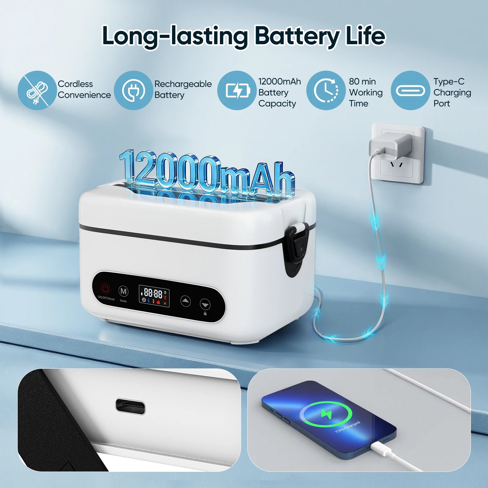Tragbarer kabelloser Speisenwärmer 100/80/60W, schnelle Erwärmung, große Kapazität 1/1.2L, 4 Heizmodi mit Timer, 12000mAh für Büro und Reisen