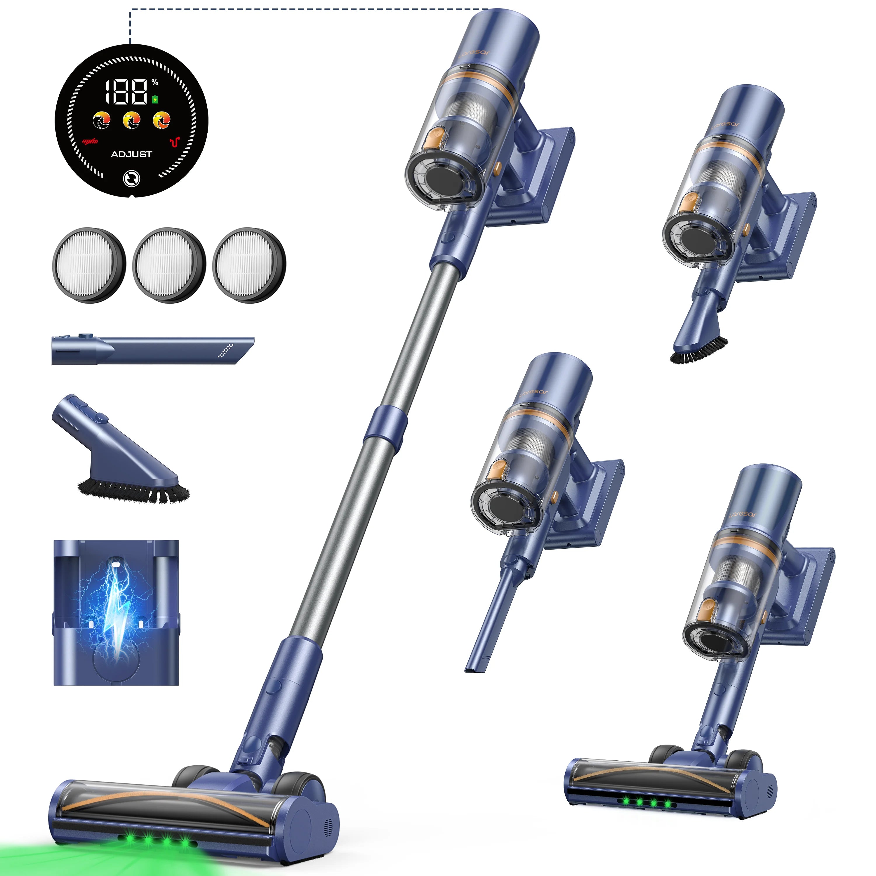 Laresar V11 650W 75000PA Ultra-robuster Akku-Staubsauger, 90 Minuten Laufzeit, herausnehmbarer Akku und intelligentes Display