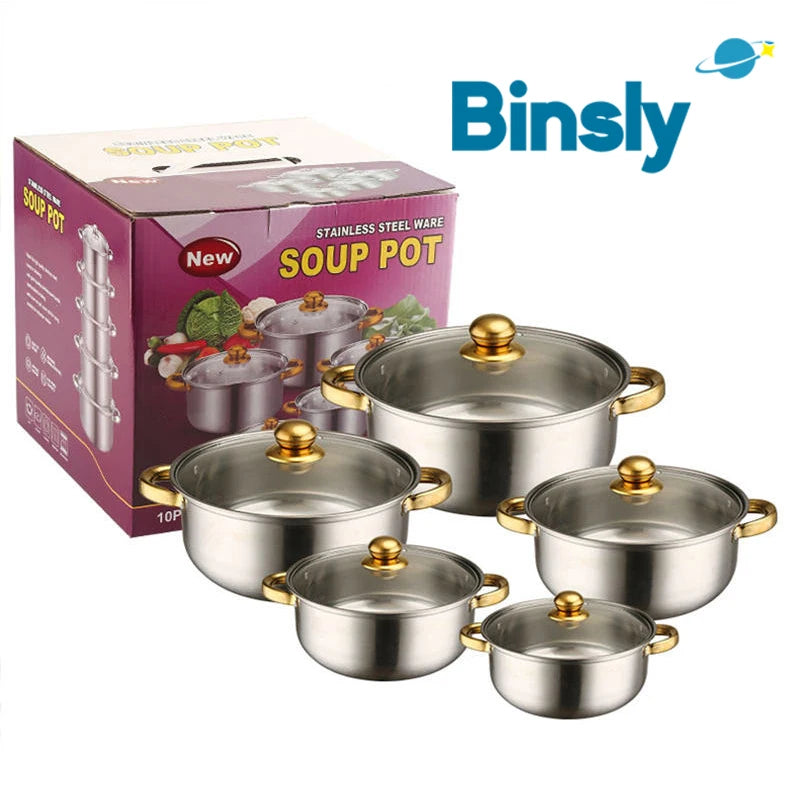 Set di pentole in acciaio inossidabile da 10 pezzi Pentole a induzione Utensili da cucina antiaderenti Pentola per stufato in acciaio inossidabile con coperchio per pentola