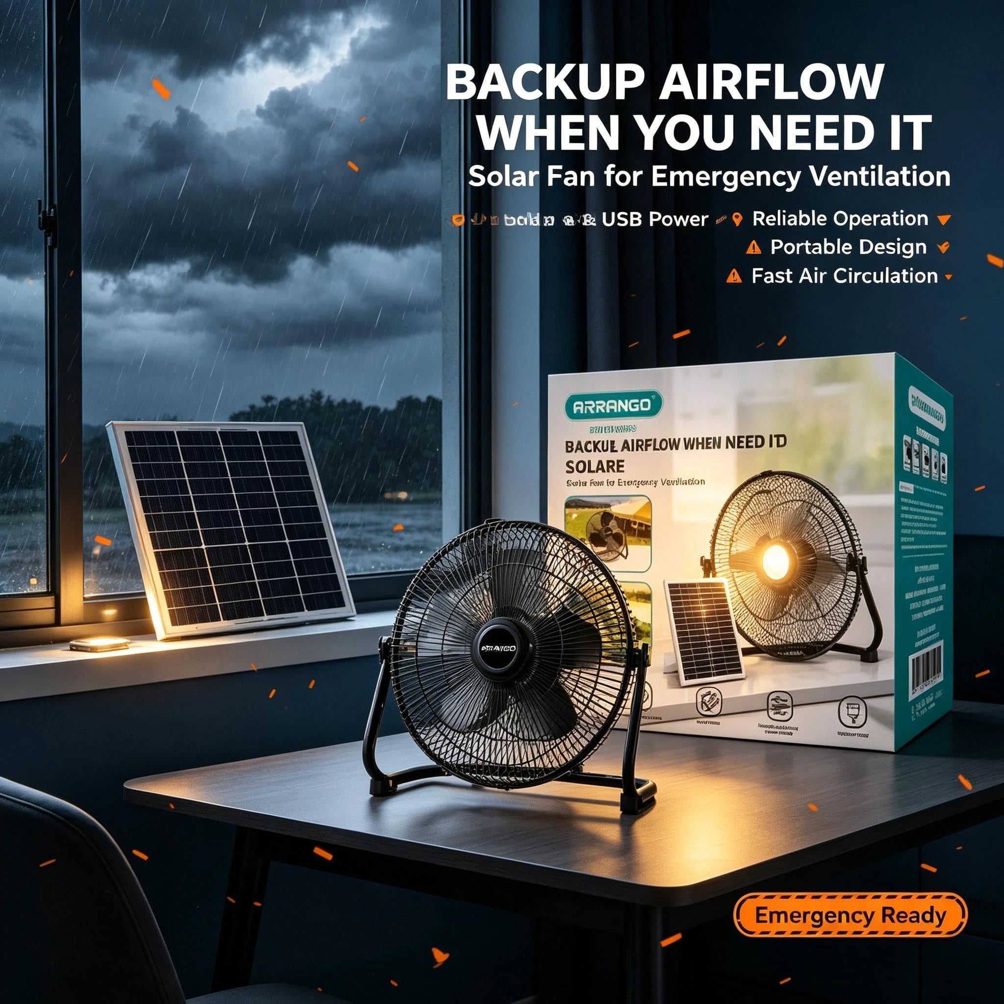 Arrango Solar-Standventilator, groß, wiederaufladbar, leise, 3 Geschwindigkeiten, tragbar, mit Solarpanel, für Camping, Zelt, Outdoor, Notfall, Hausbelüftung
