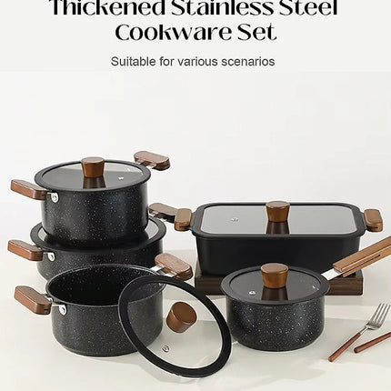 Complete Set of 5-Piece Non-Stick Stainless Steel Cookware with Glass Lids and Handles, Kitchen Set