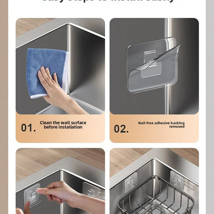Carbon Steel Kitchen Sink Drain, Wall-Mounted Corner Rag Storage Rack, No Drilling, Waterproof Space Saver