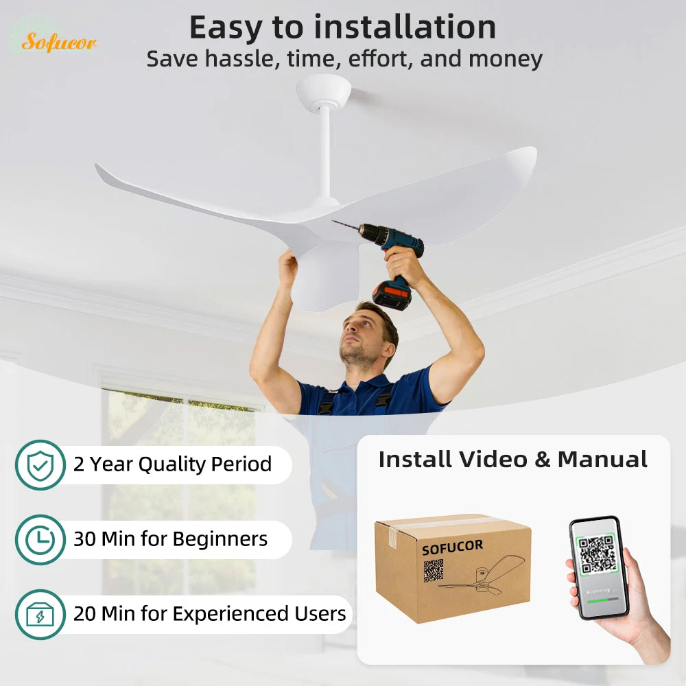 Ventilatore da soffitto Sofucor da 38 pollici silenzioso a corrente continua con luce LED, telecomando e 6 velocità, alta velocità del vento