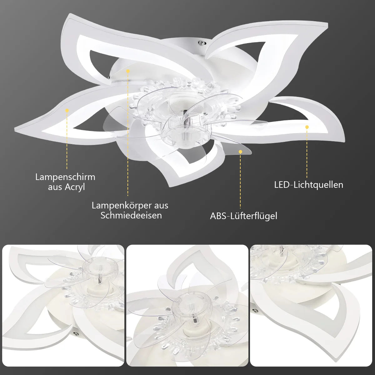 Ventilatore da soffitto da 60 W con illuminazione, design a 5 luci, ventilatore da soffitto silenzioso con illuminazione, dimmerabile, telecomando con velocità del vento regolabile