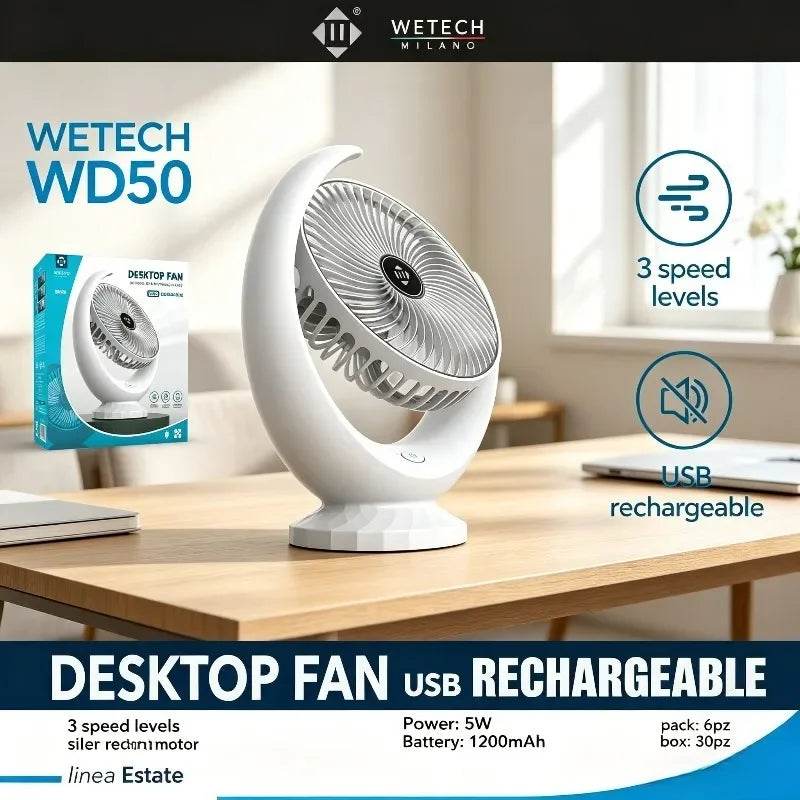 Ventilatore da tavolo a 5 velocità WETECH, portatile ricaricabile tramite USB, mini ventilatore silenzioso personale per ufficio e casa