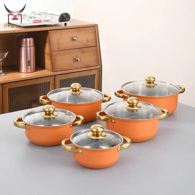 Set di pentole in acciaio inossidabile da 10 pezzi Pentole a induzione Utensili da cucina antiaderenti Pentola per stufato in acciaio inossidabile con coperchio per pentola