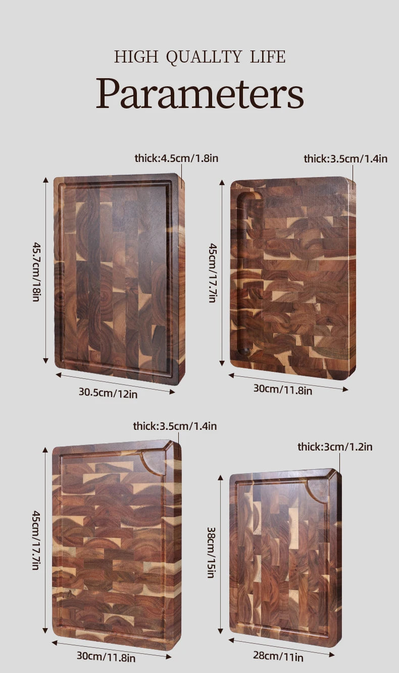Schneidebrett dickes Akazienholz-Schneidebrett doppelseitig verwendbares Holz-Schneidebrett für Käse rechteckiger Metzgerblock mit runden Enden