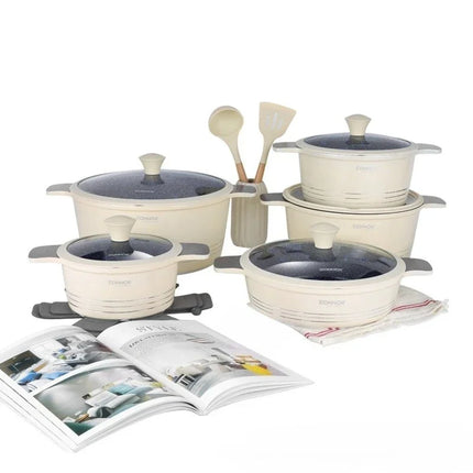 DONNOR Set di 15 pezzi di pentole antiaderenti in alluminio + ceramica, pentola per zuppa con coperchio antiscottatura a doppio manico, per fornelli