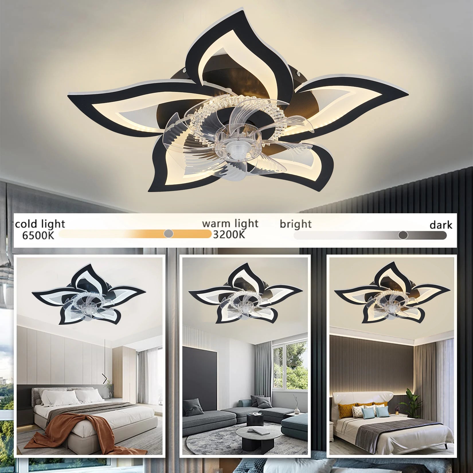 Ventilatore da soffitto con lampada LED, in acrilico a forma di loto, 6 velocità, silenzioso, a risparmio energetico, con luce integrata