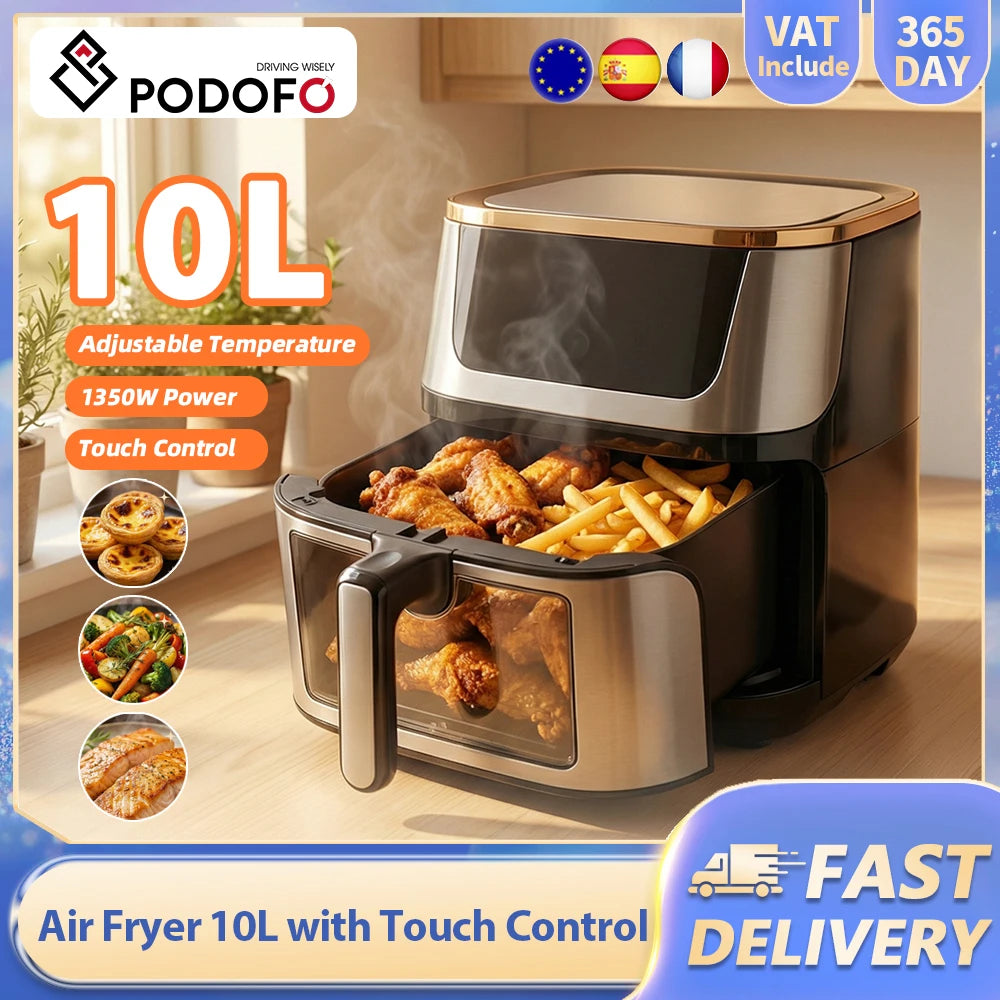 Podofo10L Heißluftfritteuse 80–200 °C Innenbehälter mit Antihaftbeschichtung für 4–6 Personen, 1350 W Leistung, 7 voreingestellte Menüs, LED-Schüttelerinnerung