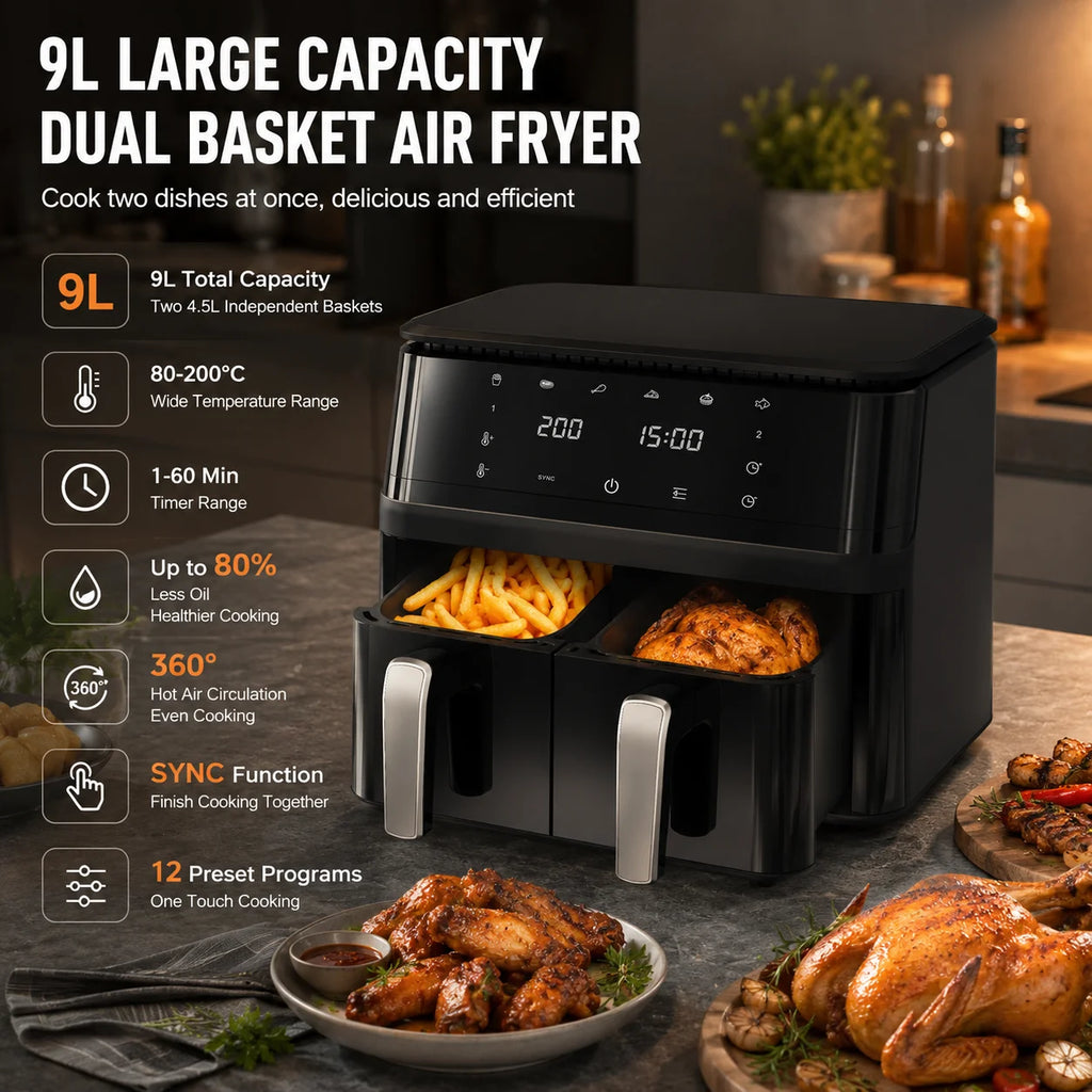 9-Liter-Heißluftfritteuse mit zwei Körben, 360°-Heißluftzirkulation, Edelstahl mit SYNC-Funktion, Touchscreen, 80 % weniger Öl