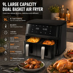 9-Liter-Heißluftfritteuse mit zwei Körben, 360°-Heißluftzirkulation, Edelstahl mit SYNC-Funktion, Touchscreen, 80 % weniger Öl