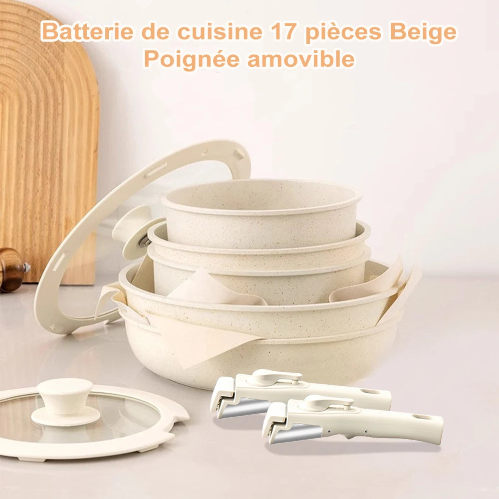 MDHAND 17 pezzi Set di pentole e padelle beige Set di pentole antiaderenti Manico rimovibile con padelle e padelle Set di pentole da cucina
