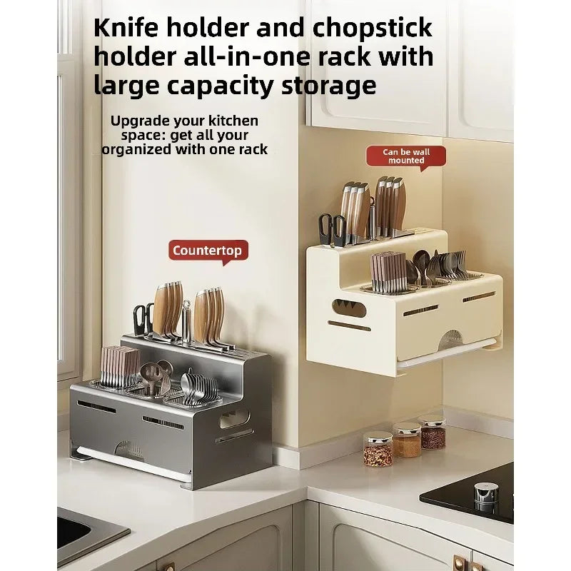 Porta Utensili da Cucina Multifunzionale con Porta Bacchette Integrato, Organizzatore da Parete Senza Foratura per Coltelli e Utensili