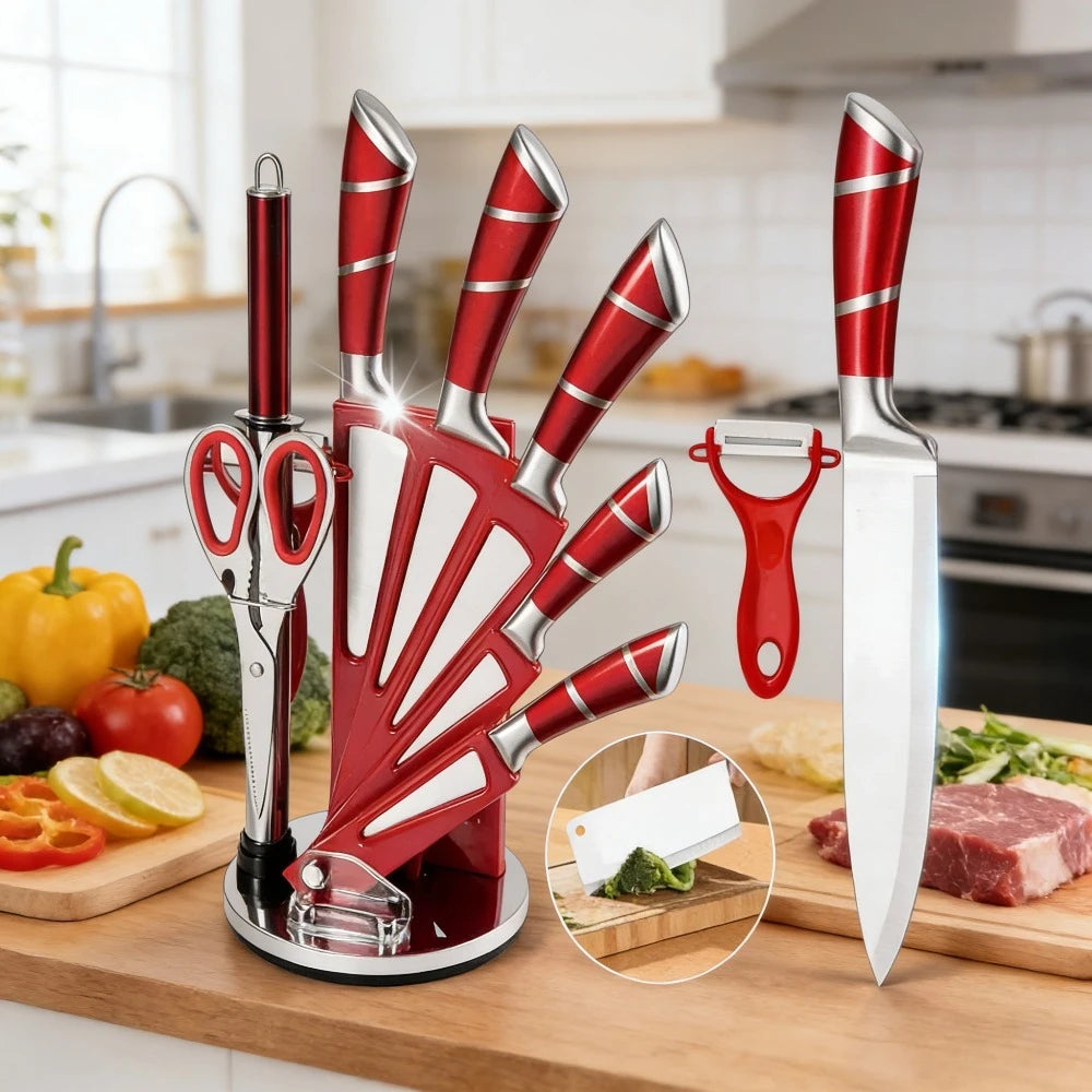 9-teiliges Küchenmesser-Set mit Messerblock, Hohlgriff, Edelstahl, scharfe Kochmesser, für Zuhause, Küche, Restaurant, Geschenkidee