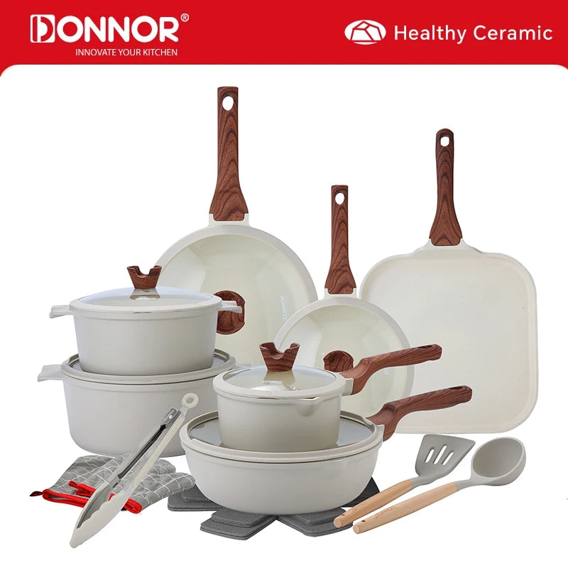 DONNOR 21 Pezzi Set di Pentole in Ceramica Set di Pentole e Padelle Antiaderenti Set da Cucina con Utensili e Protezioni per Padelle JT529