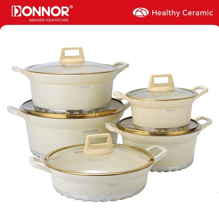 DONNOR Set di 10 Pentole a Induzione Lavabili in Lavastoviglie Pentole Antiaderenti con Coperchi in Vetro per Zuppa di Pasta Stufato JT528