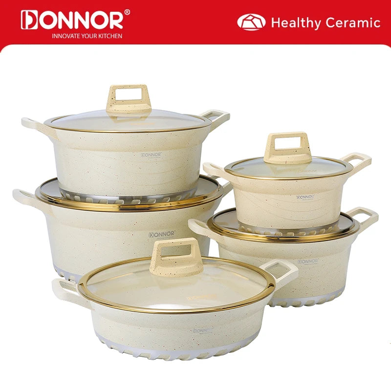 DONNOR 10PCS Set di Pentole a Induzione Lavabile in Lavastoviglie Pentole Antiaderenti con Coperchi in Vetro per Zuppa di Pasta Stufato JT528