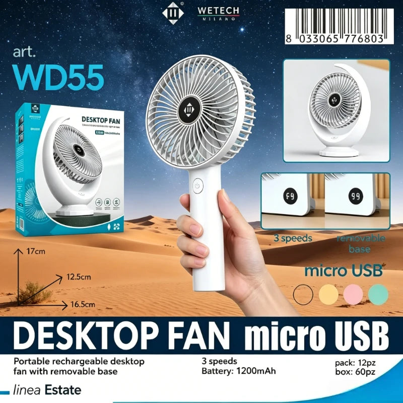 Ventilatore portatile ricaricabile WETECH, ventilatore da tavolo USB a 3/5 velocità, piccolo ventilatore silenzioso per viaggi, campeggio all'aperto