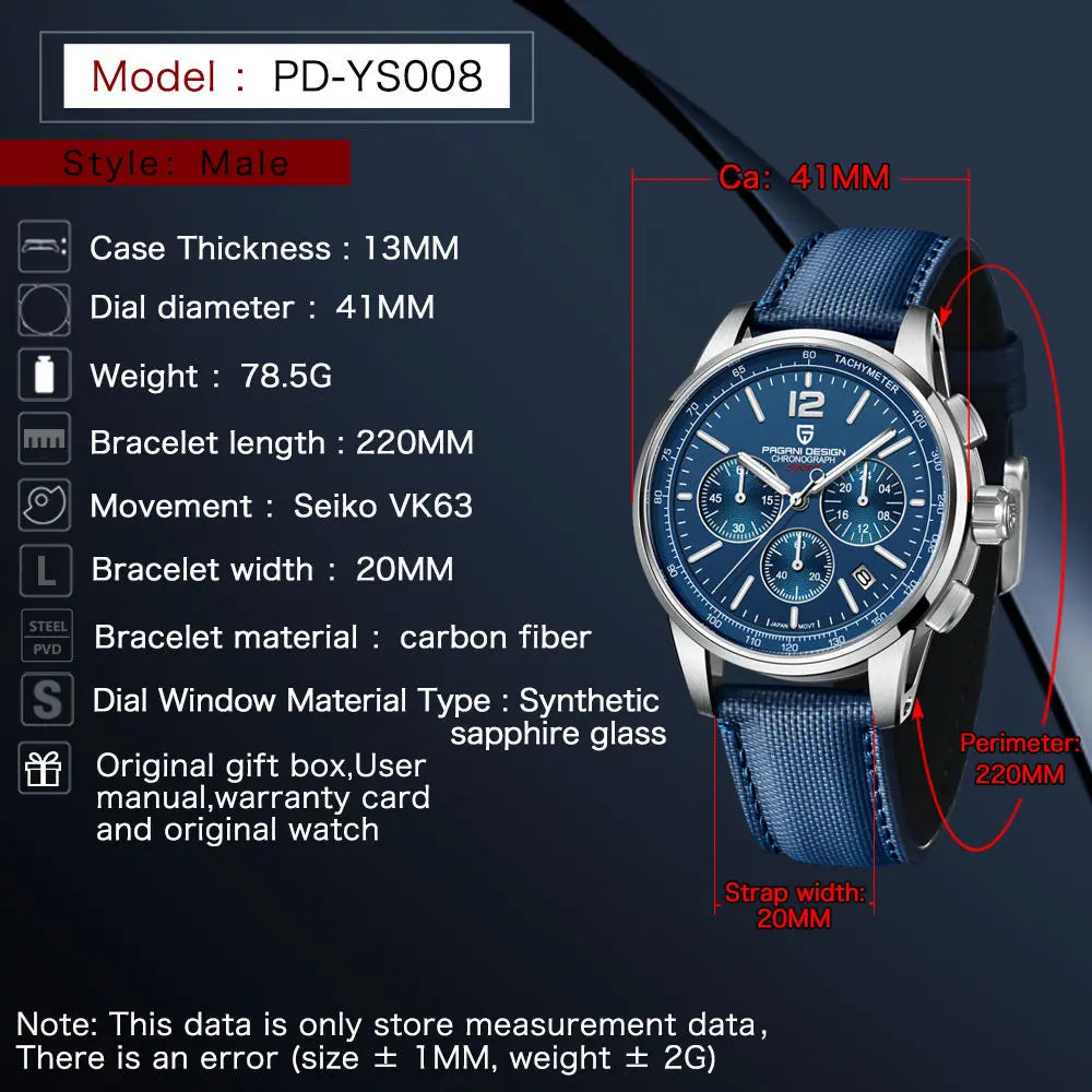 PAGANI DESIGN Orologio da Polso Uomo Quarzo VK63 41mm Vetro Zaffiro 10 Bar