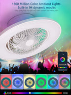 Ventilatore da soffitto da 100W con luce, controllo remoto tramite APP, lampada a LED dimmerabile a 360° °   Luce di sfondo RGB silenziosa girevole a 6 velocità per la casa