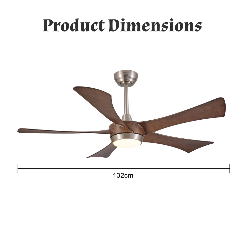 Ventilatore da soffitto reversibile da 52 pollici con luce LED dimmerabile, 5 pale in legno, nichel spazzolato, 3000K-6000K, telecomando, silenzioso per estate e inverno
