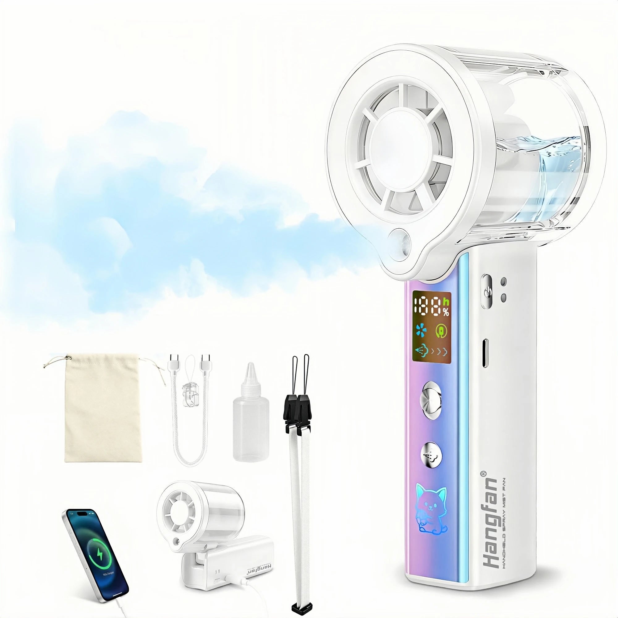 Ventilatore portatile a spruzzo 4 in 1, ventilatore ricaricabile a batteria USB ultra-grande, regolabile a 100 corse, mini ventilatore, ventilatore personale pieghevole, schermo LED, per trucco / concerti (lila)