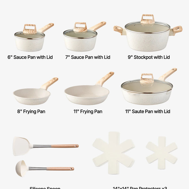 VEVOR Set di Pentole Antiaderenti in Granito con Manico, Set di Pentole a Induzione da Cucina per Camper, con Padella, Coperchi in Vetro Temperato, Bianco, 17 Pezzi