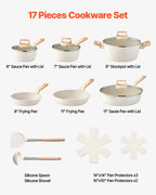 VEVOR Set di Pentole, Padelle Antiaderenti in Granito con Manico, Set di Pentole a Induzione da Cucina per Camper, con Frittura, Coperchi in Vetro Temperato, Bianco, 17 Pezzi