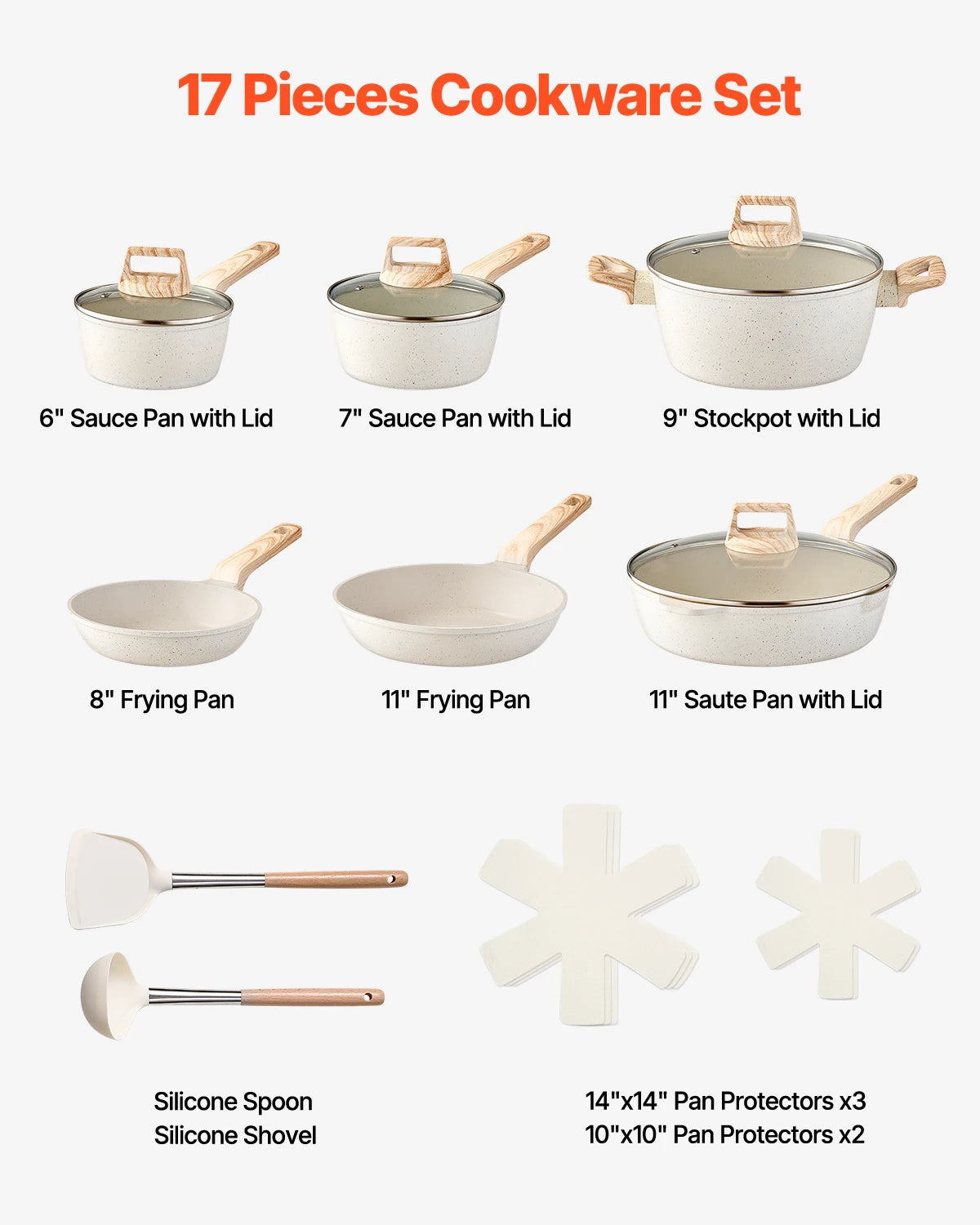 VEVOR Set di Pentole, Padelle Antiaderenti in Granito con Manico, Set di Pentole a Induzione da Cucina per Camper, con Frittura, Coperchi in Vetro Temperato, Bianco, 17 Pezzi