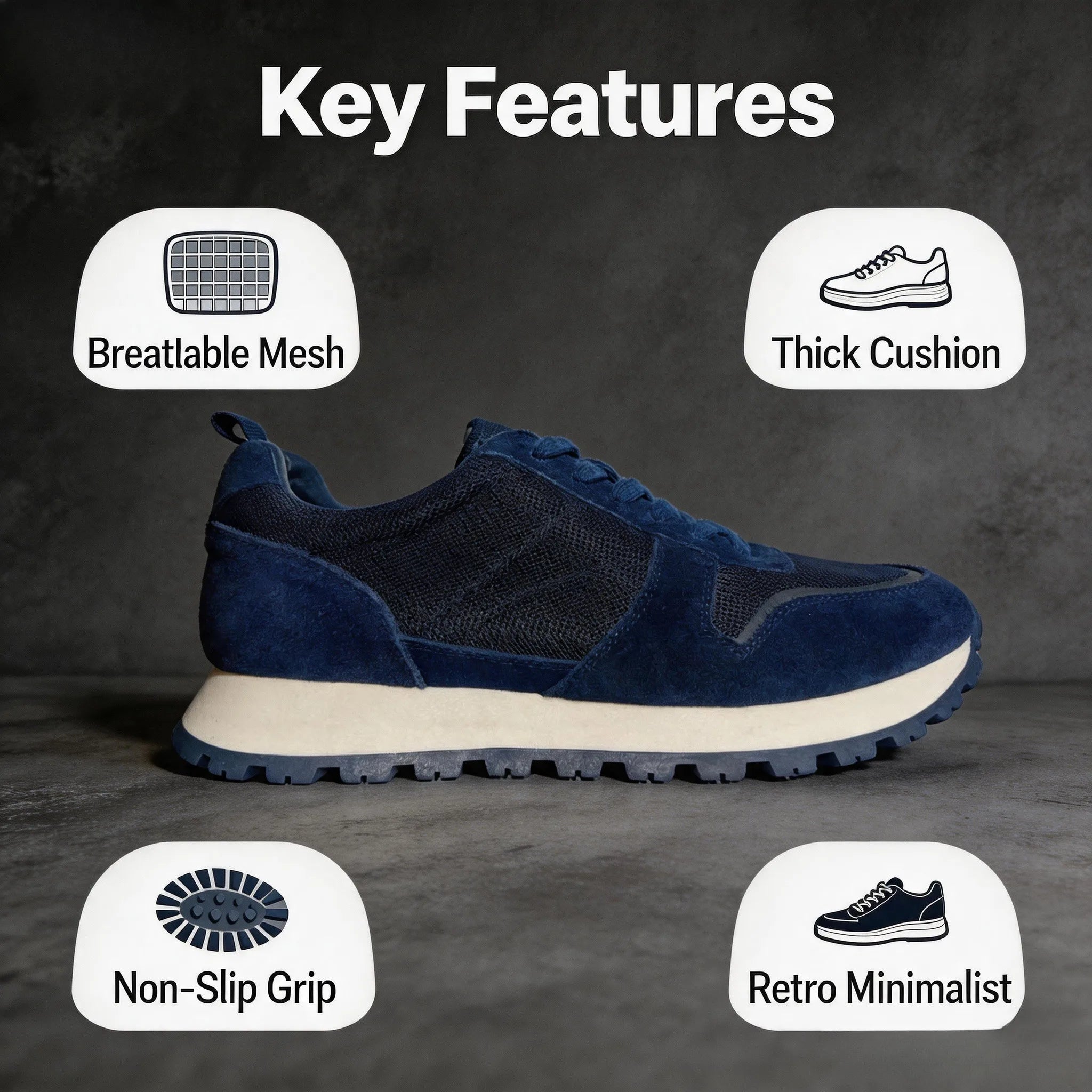 Herren-Freizeitschuhe aus Wildleder und Mesh, Navy-Blau, atmungsaktive Sneaker mit Schnürsenkeln, bequeme Schuhe mit dicker Sohle für den täglichen Gebrauch
