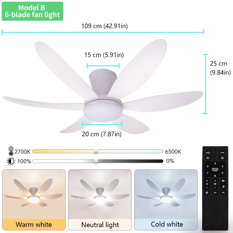 Ventilatore da Soffitto con Luce 42.91 Pollici, Motore DC Silenzioso a Risparmio Energetico, 3 Colori Variabili, 6 Velocità Regolabili, per Camera da Letto e Soggiorno