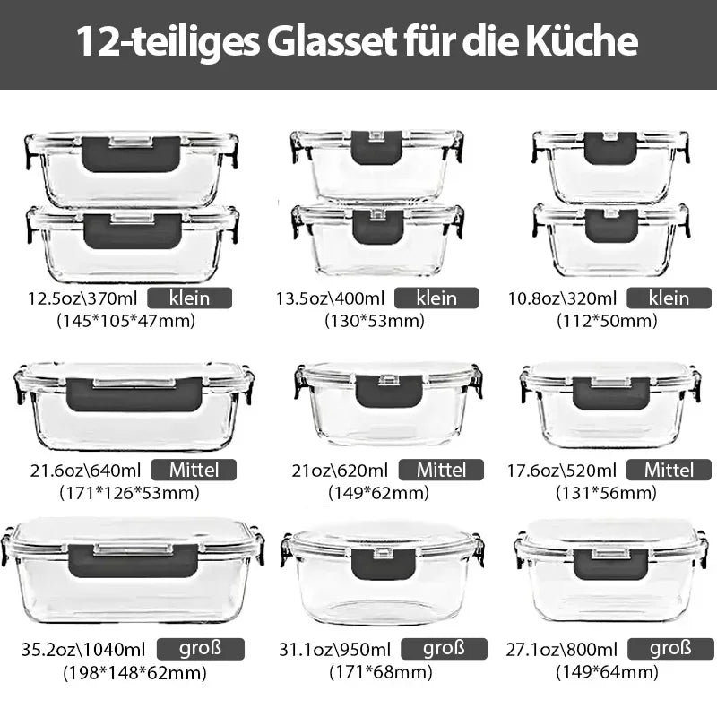 16-teiliges Frischhaltedosen-Set aus Glas (12+4) mit luftdichten Deckeln, auslaufsichere Glasbehälter für Lebensmittel, gefrier-, mikrowellen- und spülmaschinenfest, Frischhaltedosen-Set für Mittagessen, Obst, Reste und