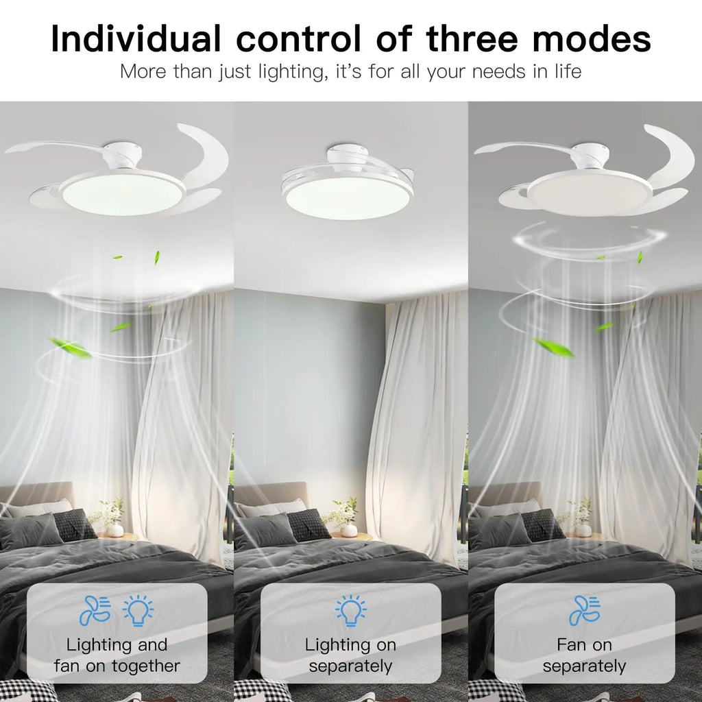 Ventilatore da Soffitto Semplice con Luce, Moderno Ventilatore Elettrico Intelligente con Pale Retrattili, Telecomando e Lampada Dimmerabile