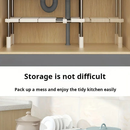 Adjustable Under Sink Storage Shelf, Expandable Kitchen and Bathroom Cabinet Organizer, Durable Multi-layer Space-Saving Pot Rack