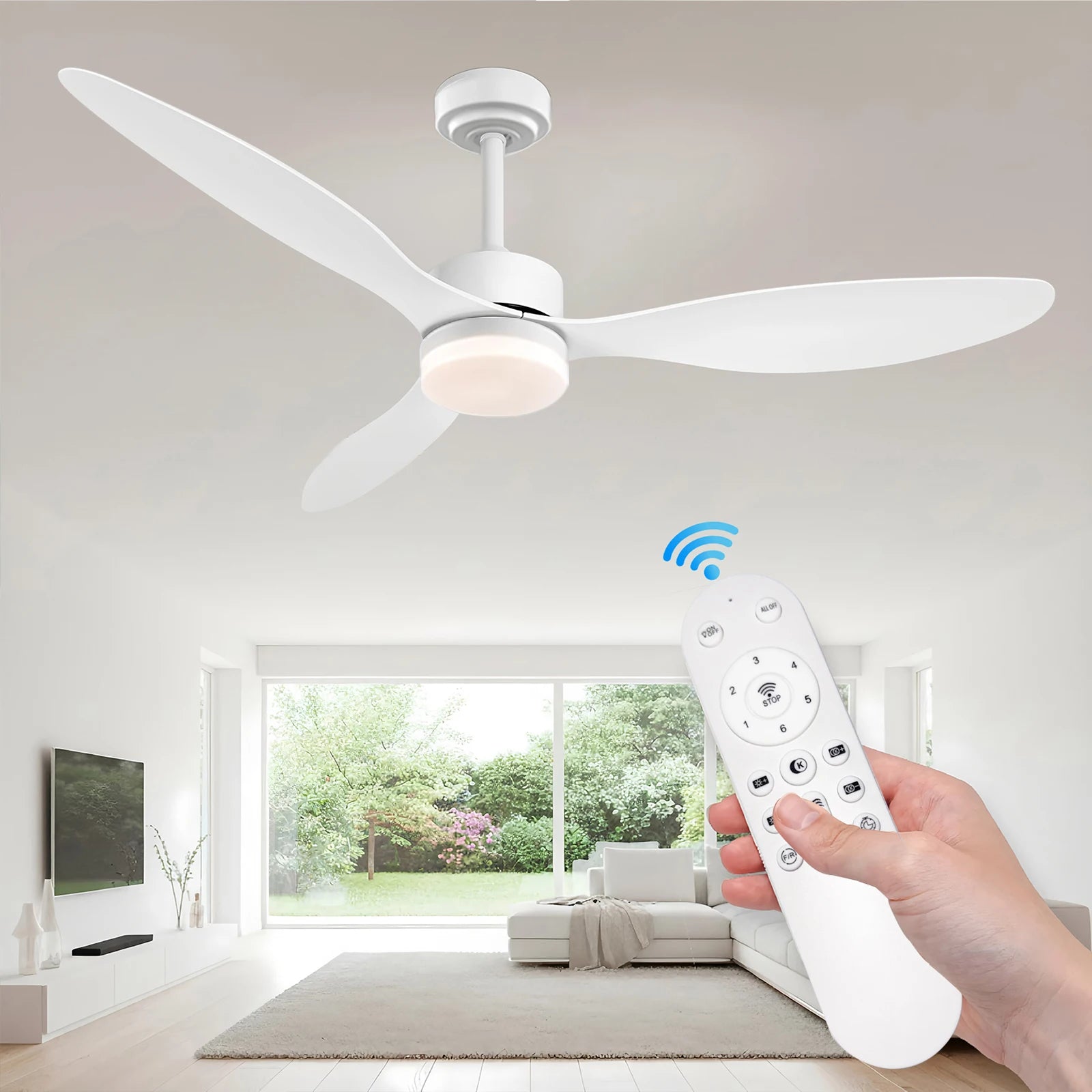 Ventilatore da Soffitto a Risparmio Energetico da 42-52 Pollici con Luce e Telecomando Ventilatore Elettrico Reversibile a 3 Pale, Ventilatore da Soffitto a Basso Profilo per Caffetteria, Casa, Hotel, Ufficio, Bungalow