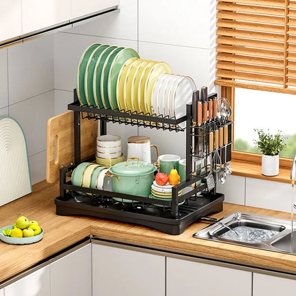 Space-saving 2-tier dish rack with cutlery holder and storage box with removable drip tray for apartment kitchen