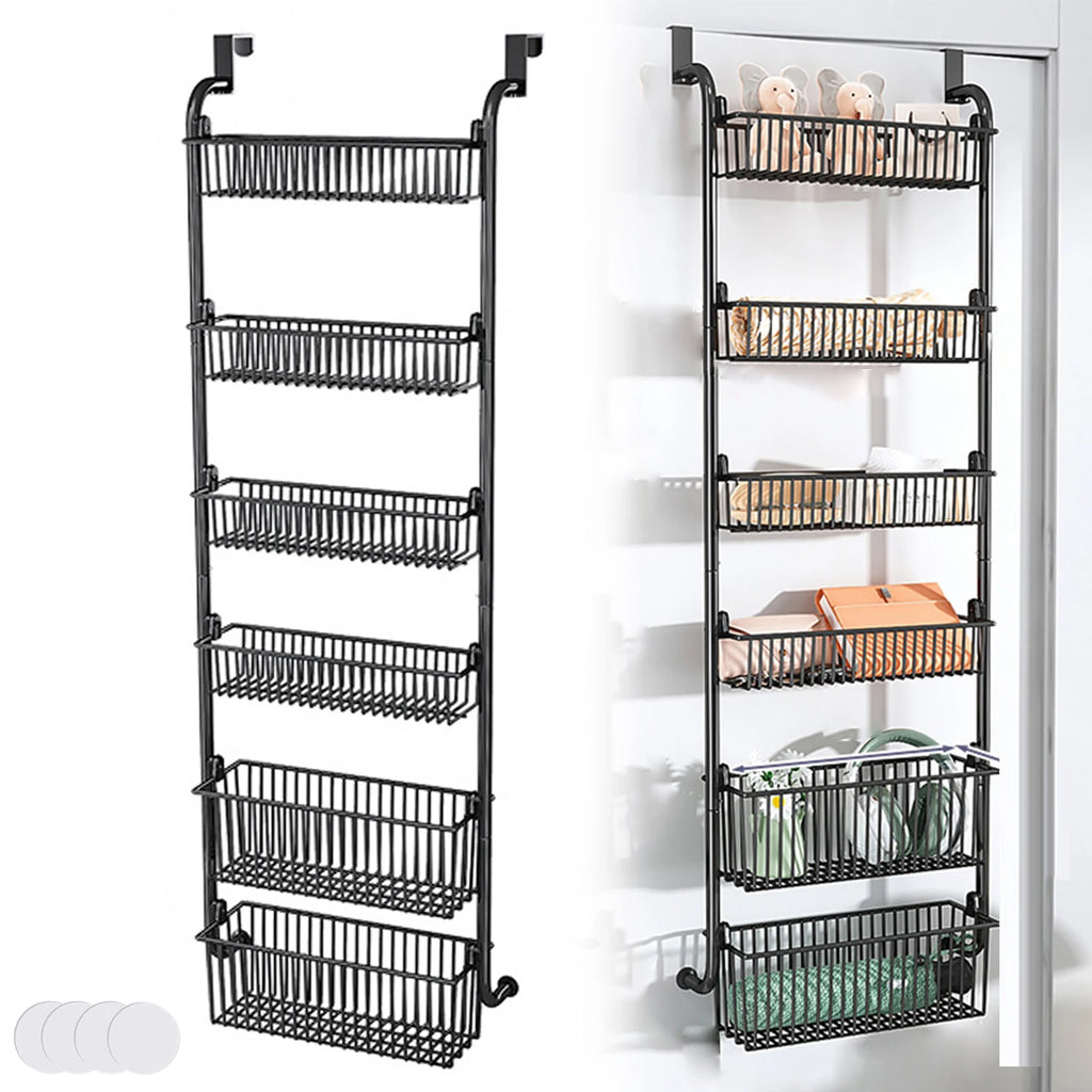 6-stöckiger Hänge-Tür-Organizer, Anti-Kipp-Design, 6 große Körbe, kein Bohren erforderlich, Metallregal für Schlafzimmer, Bad, Küche