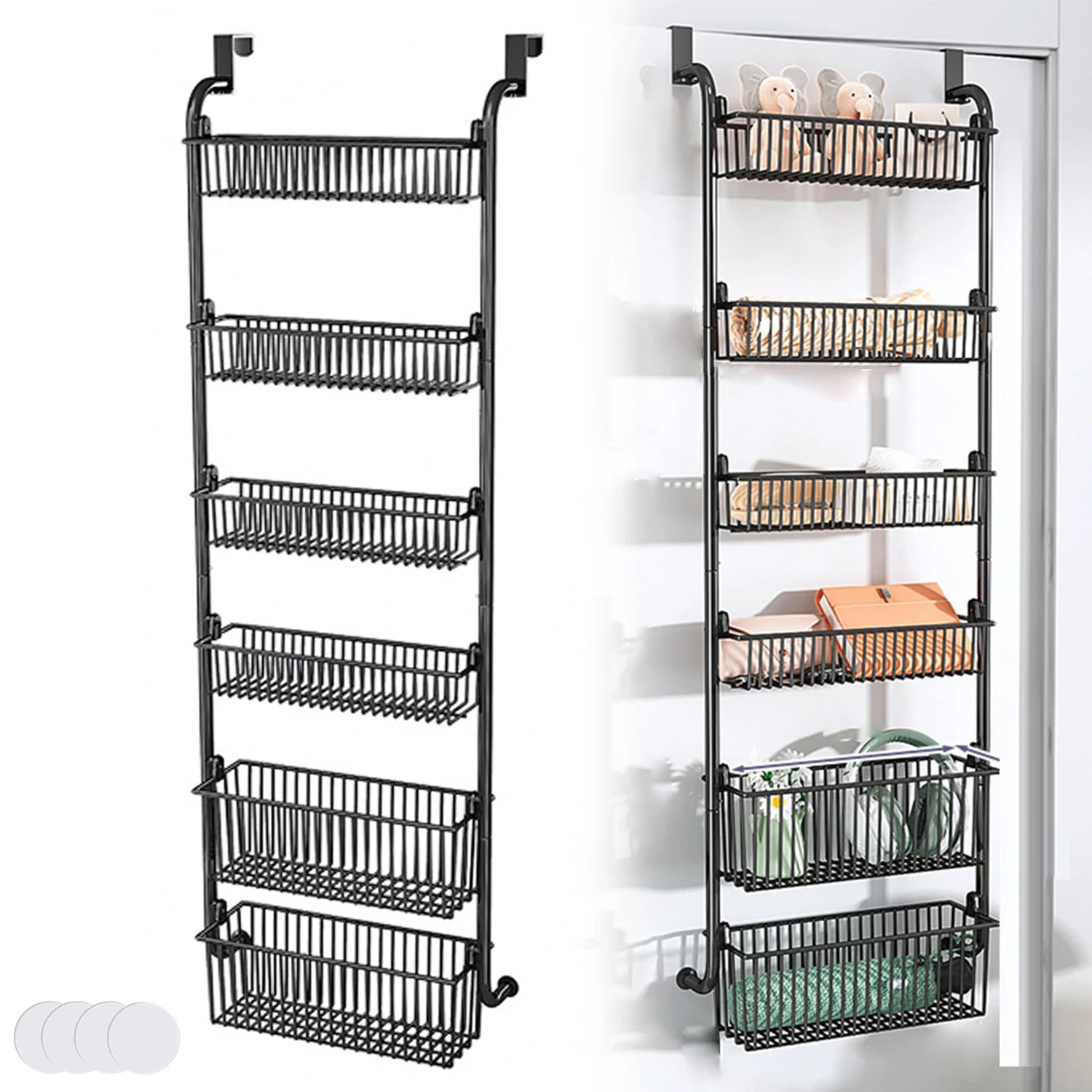 6-stöckiger Hänge-Tür-Organizer, Anti-Kipp-Design, 6 große Körbe, kein Bohren erforderlich, Metallregal für Schlafzimmer, Bad, Küche